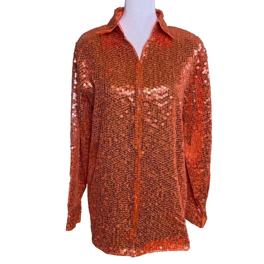 Autumn Sequin Shirt Women's Small Orange Long Sleeve Holiday Glam Disco Party